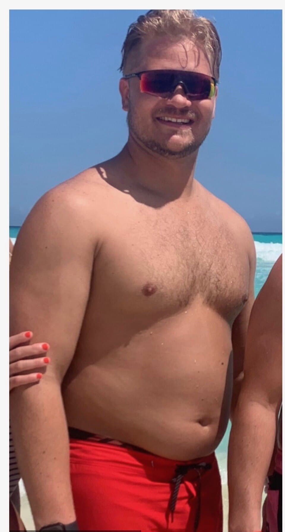 Before: Cam Maddox, heavier, standing on a beach